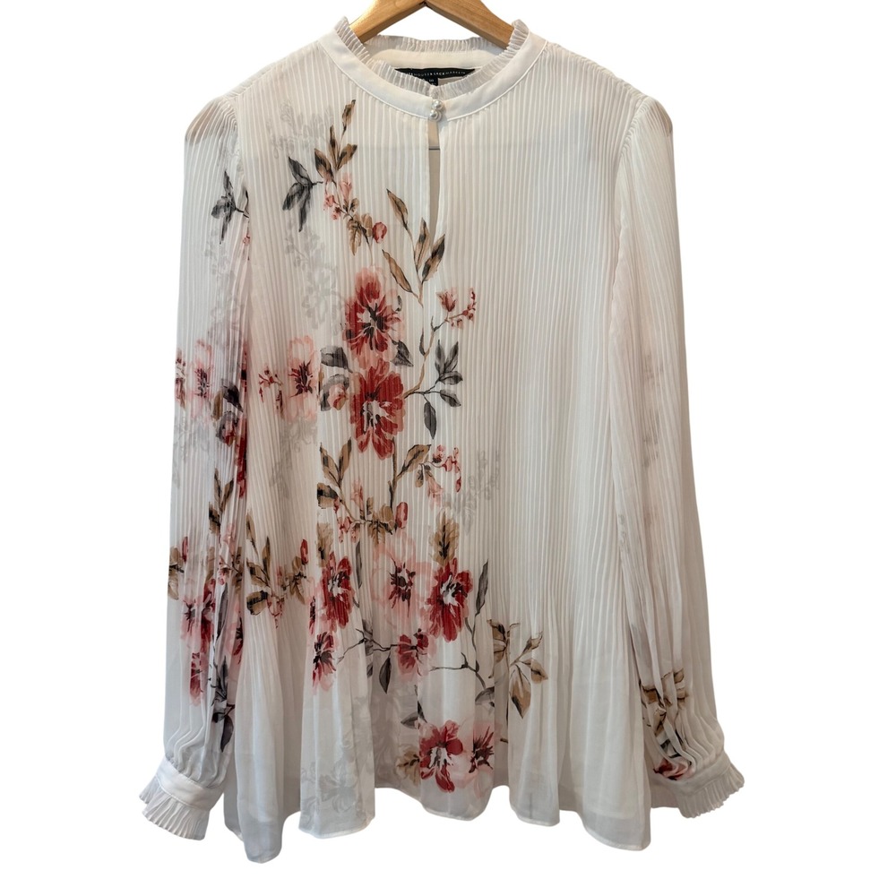 WHBM Floral Pleated Career Wedding Academia Mock Neck Blouse White Red Size 10